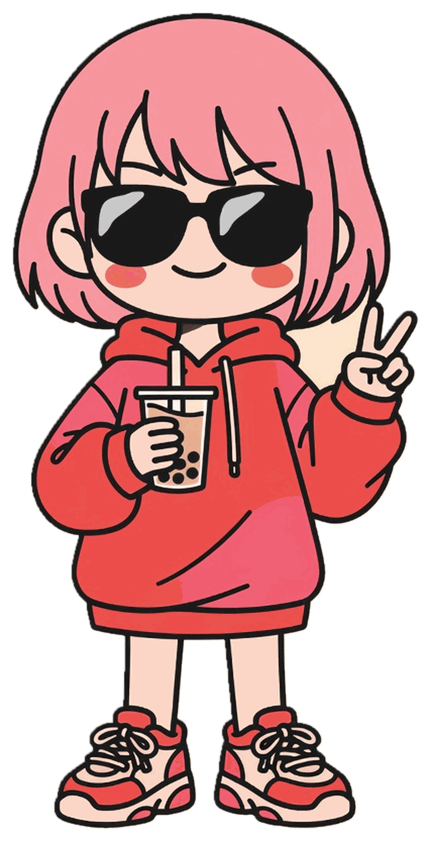 flyin', pixel-bobbed mascot in sunglasses and a red hoodie, holding a boba cup and throwing a peace sign